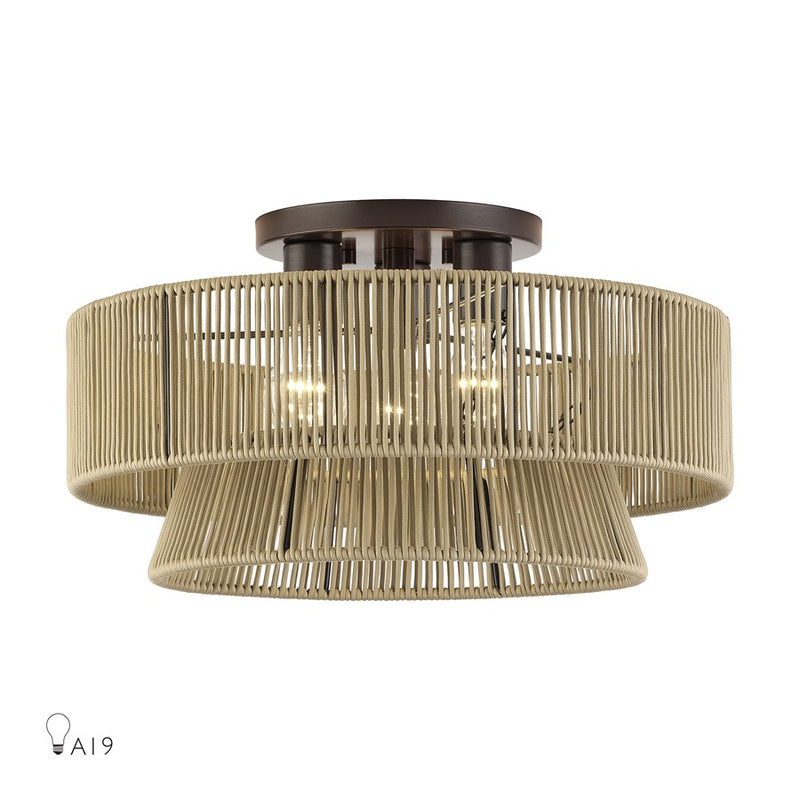 Livex Florell 3Lt 18" Dia Semi-Flush, Bronze/Gold Polyester - 53167-92