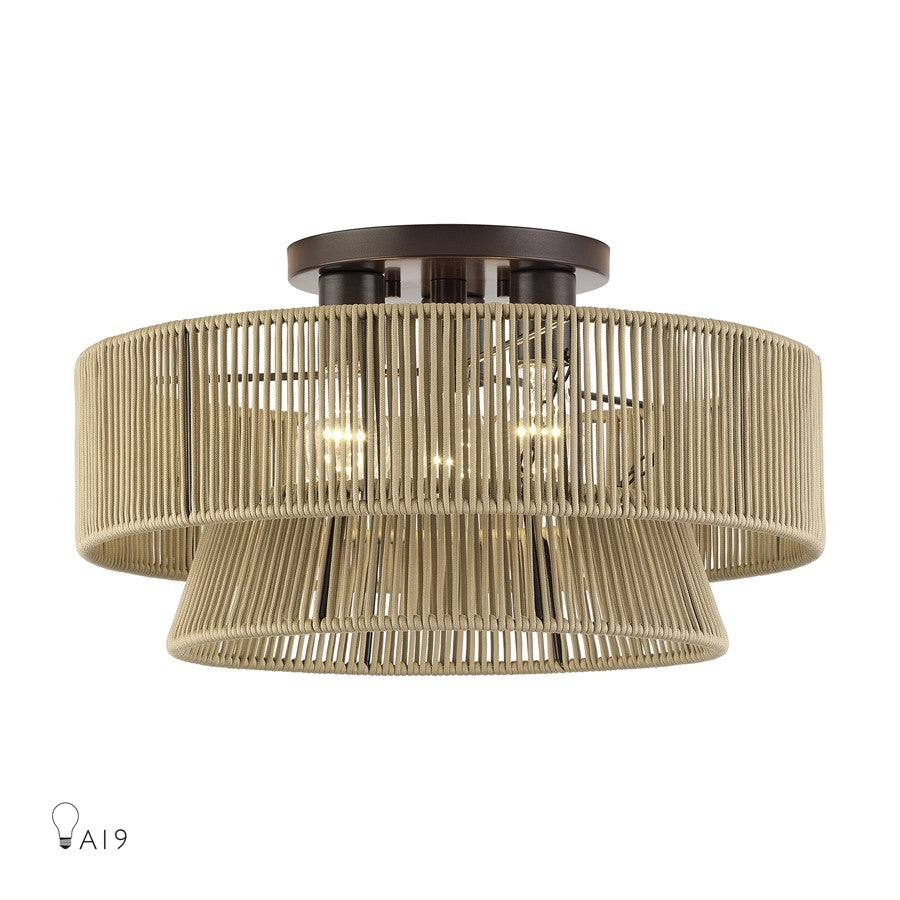 Livex Florell 3Lt 18" Dia Semi-Flush, Bronze/Gold Polyester - 53167-92