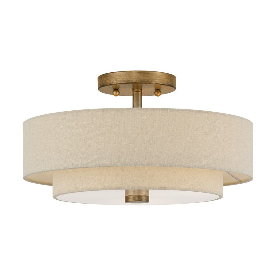 Livex Bellingham 3Lt 15" Semi-Flush, Gold/Parchment Hardback/White - 58854-48