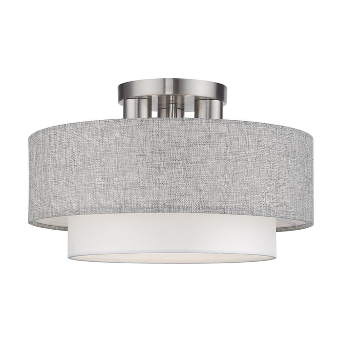 Livex Brookmeade 3Lt Semi-Flush, Nickel/Urban Gray/White Fabric - 60013-91