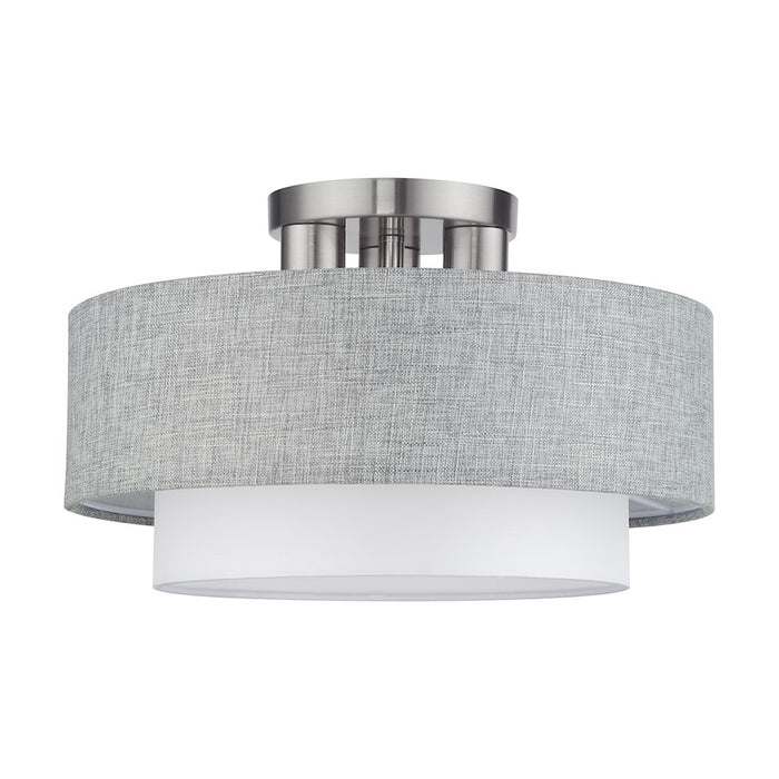 Livex Brookmeade 3Lt Semi-Flush, Nickel/Urban Gray/White Fabric