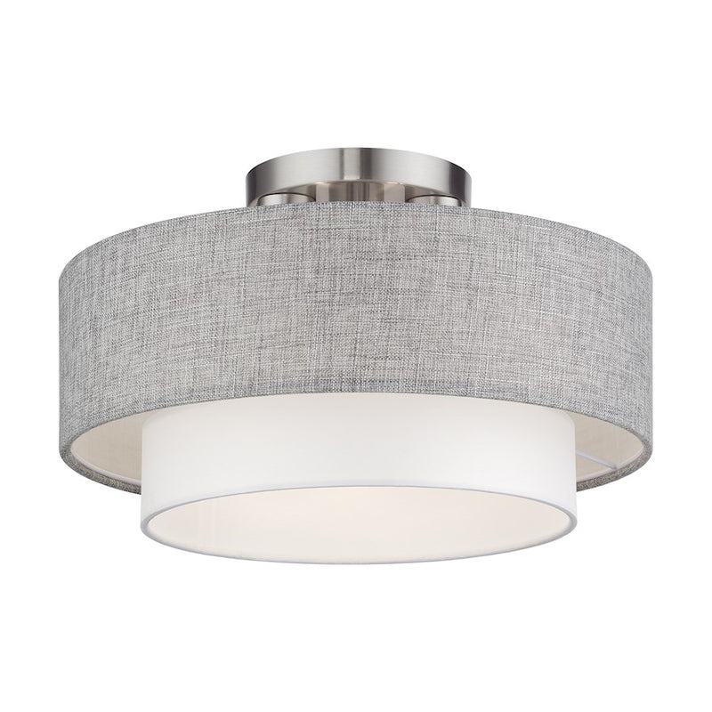 Livex Brookmeade 3Lt Semi-Flush, Nickel/Urban Gray/White Fabric