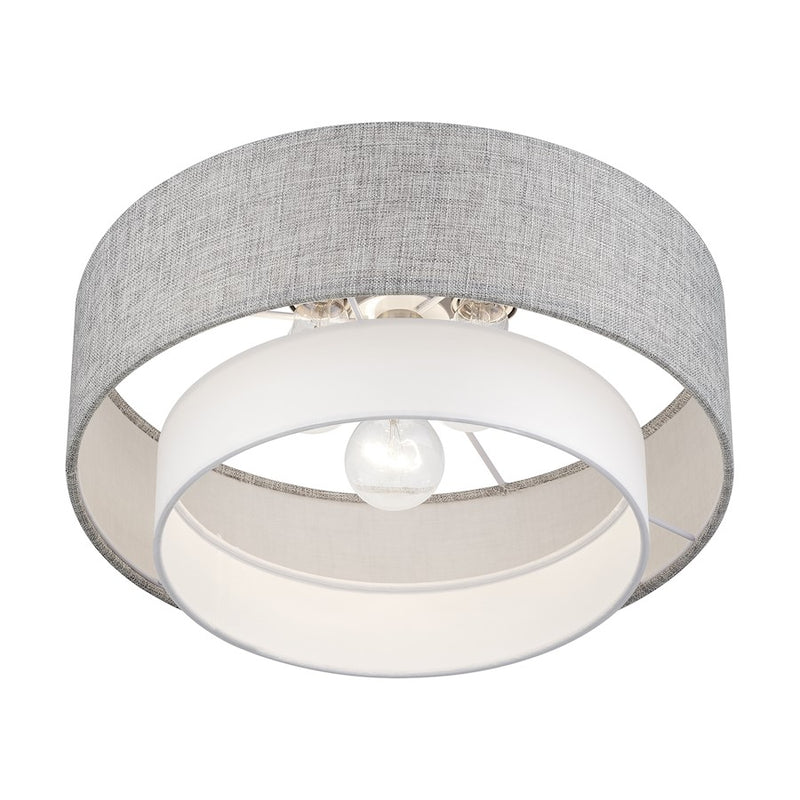 Livex Brookmeade 3Lt Semi-Flush, Nickel/Urban Gray/White Fabric