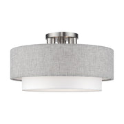Livex Brookmeade 3Lt Semi-Flush, Nickel/Urban Gray/White/White Fabric - 60014-91
