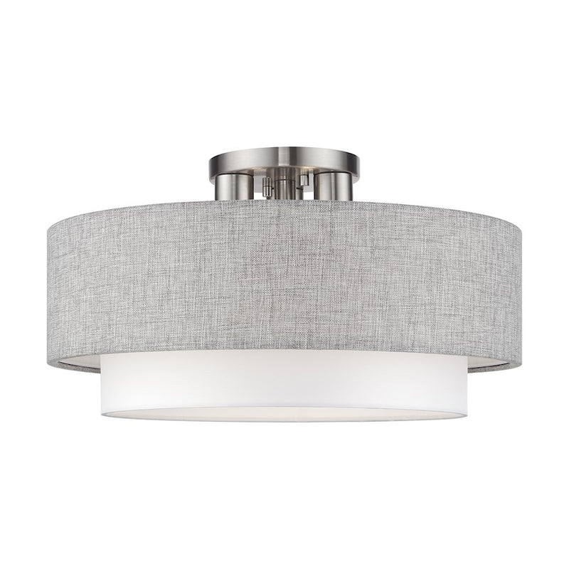 Livex Brookmeade 3Lt Semi-Flush, Nickel/Urban Gray/White/White Fabric - 60014-91