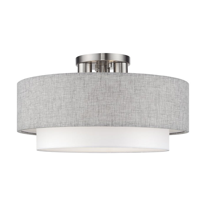 Livex Brookmeade 3Lt Semi-Flush, Nickel/Urban Gray/White/White Fabric - 60014-91