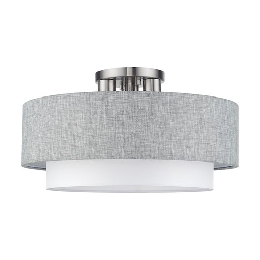 Livex Brookmeade 3Lt Semi-Flush, Nickel/Urban Gray/White/White Fabric