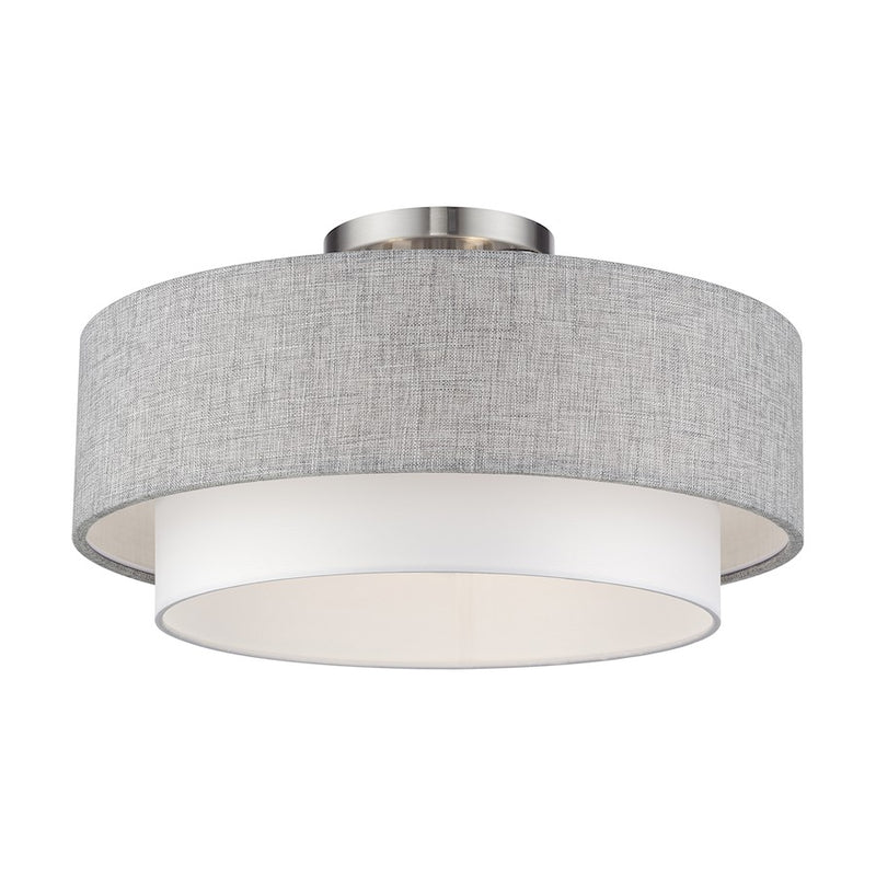 Livex Brookmeade 3Lt Semi-Flush, Nickel/Urban Gray/White/White Fabric