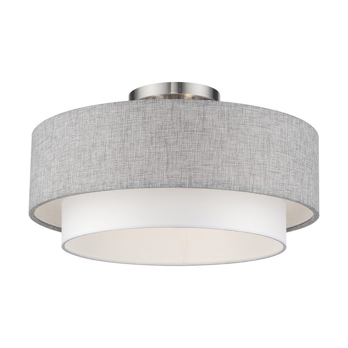 Livex Brookmeade 3Lt Semi-Flush, Nickel/Urban Gray/White/White Fabric