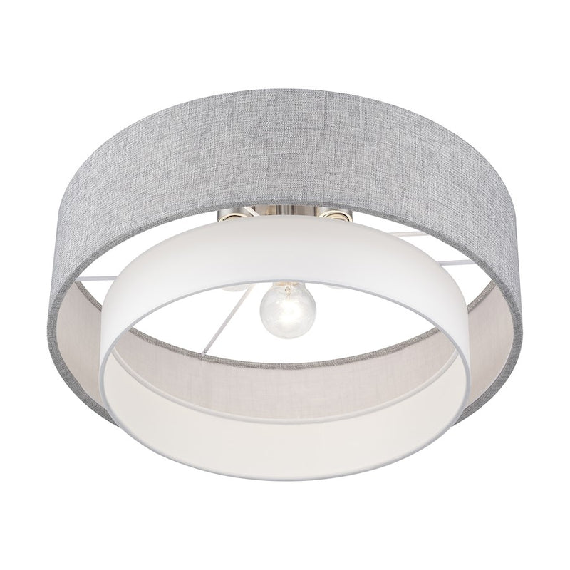 Livex Brookmeade 3Lt Semi-Flush, Nickel/Urban Gray/White/White Fabric