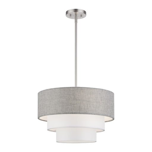 Livex Brookmeade 3Lt Pendant Chandelier, Nickel/Gray/White Fabric - 60015-91