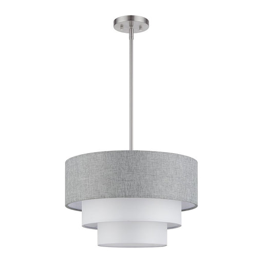 Livex Brookmeade 3Lt Pendant Chandelier, Nickel/Gray/White Fabric