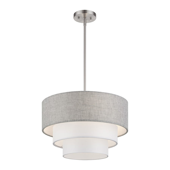 Livex Brookmeade 3Lt Pendant Chandelier, Nickel/Gray/White Fabric