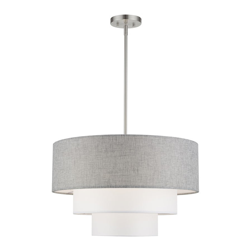 Livex Brookmeade 4Lt Pendant Chandelier, Nickel/Gray/White Fabric