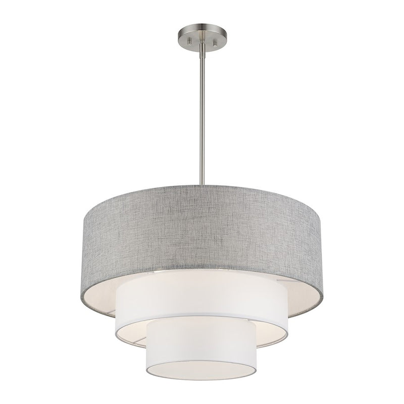 Livex Brookmeade 4Lt Pendant Chandelier, Nickel/Gray/White Fabric