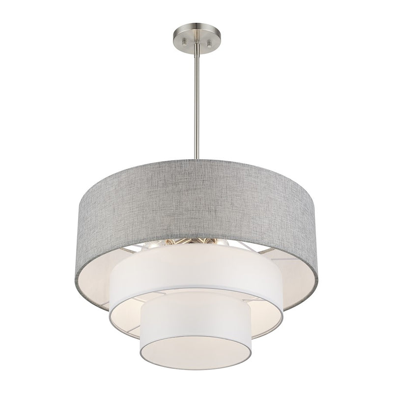 Livex Brookmeade 4Lt Pendant Chandelier, Nickel/Gray/White Fabric