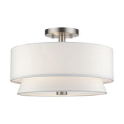 Livex Fontana 3Lt Semi-Flush, Brushed Nickel/White/White Fabric - 60026-91