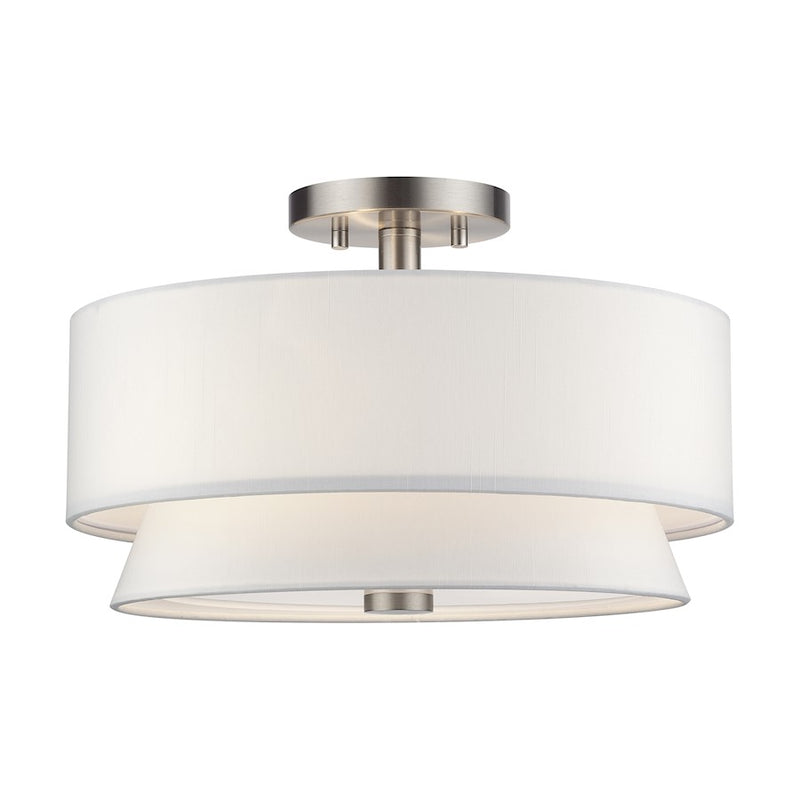 Livex Fontana 3Lt Semi-Flush, Brushed Nickel/White/White Fabric - 60026-91