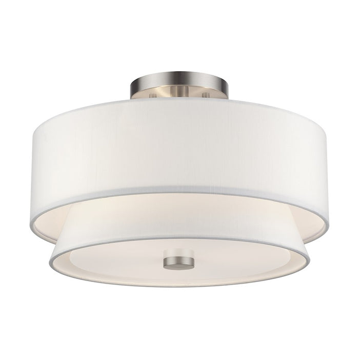 Livex Fontana 3Lt Semi-Flush, Brushed Nickel/White/White Fabric