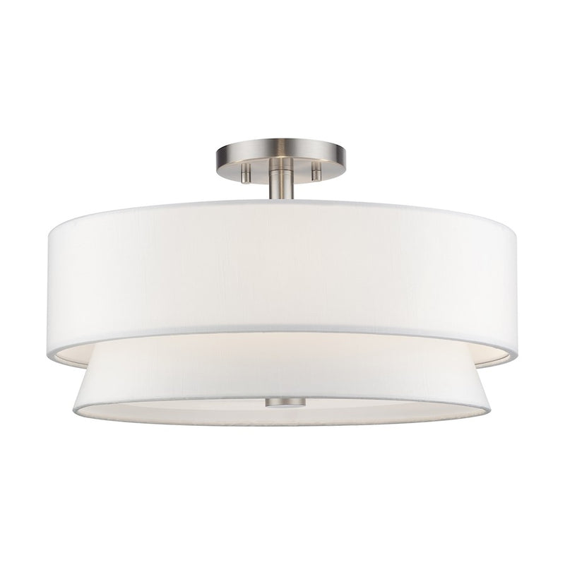 Livex Fontana 4Lt Semi-Flush, Brushed Nickel/White/White Fabric - 60027-91