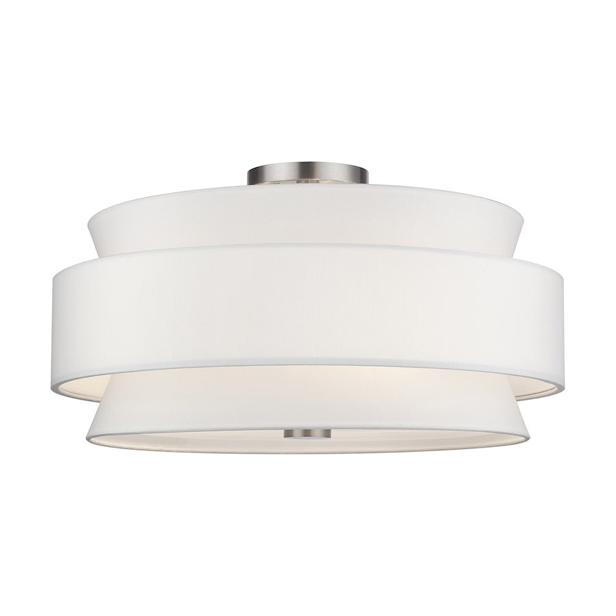 Livex Fontana 5Lt Semi-Flush, Brushed Nickel/White/White Fabric - 60028-91
