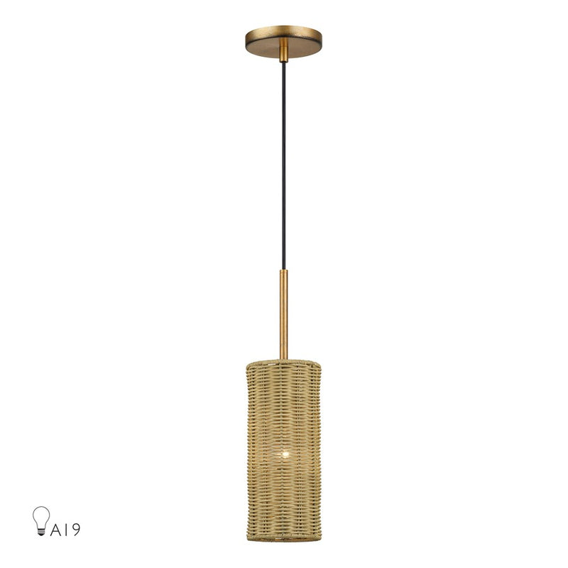 Livex Weavington 1Lt 5" Dia Mini Pendant, Gold/Rustic Walnut - 60040-48