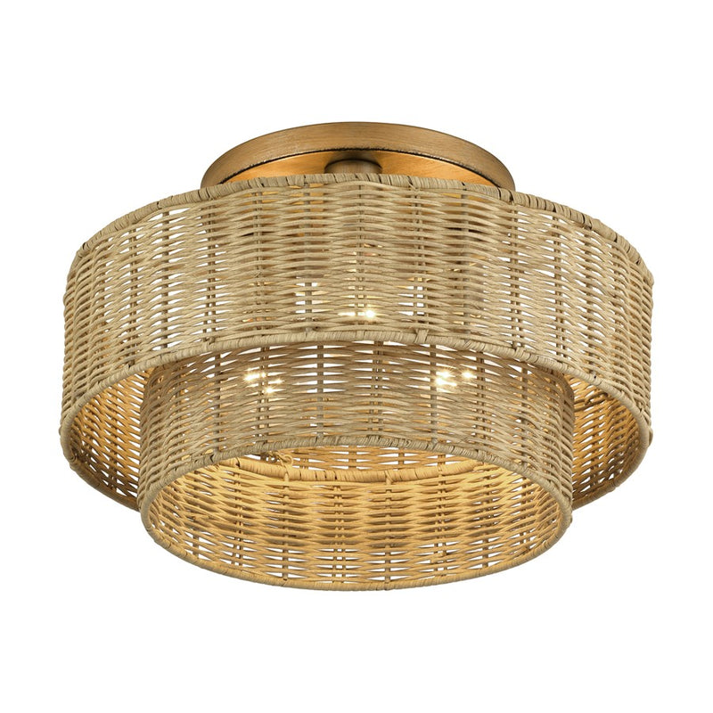 Livex Weavington 3Lt 15" Dia Semi-Flush, Gold/Rustic Walnut