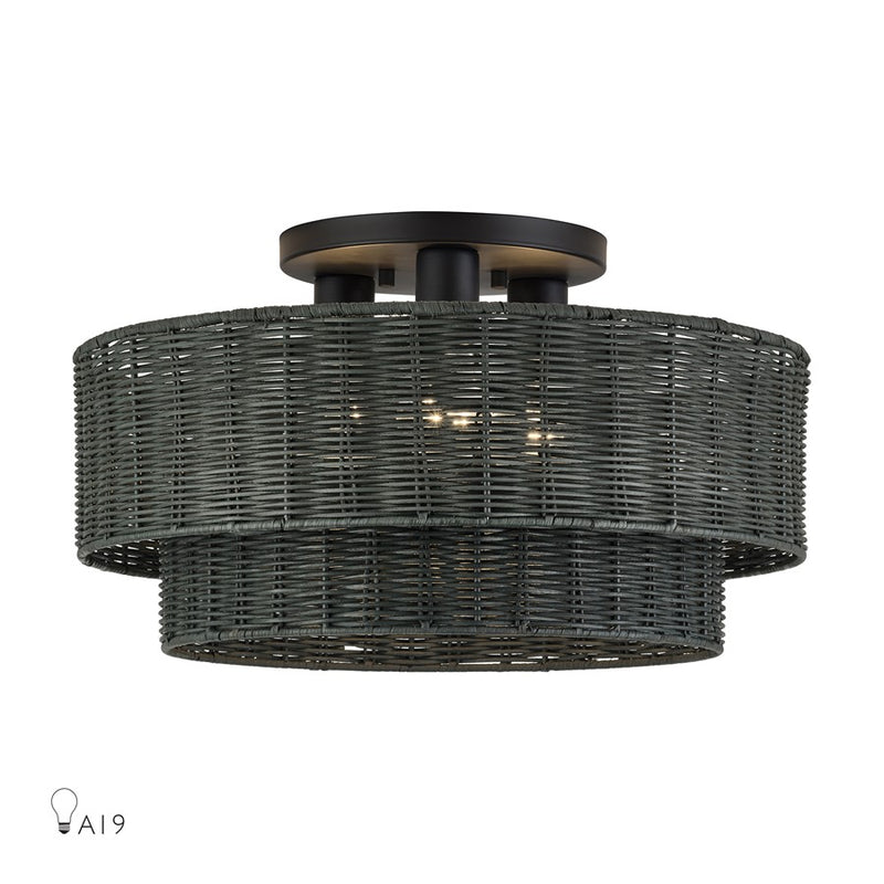 Livex Weavington 3Lt 18" Dia Semi-Flush, Black/Charred Gray - 60110-04