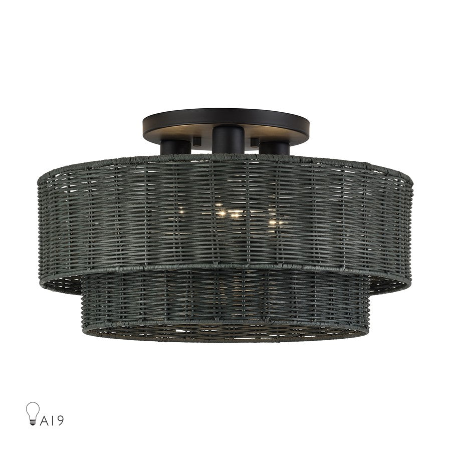 Livex Weavington 3Lt 18" Dia Semi-Flush, Black/Charred Gray - 60110-04
