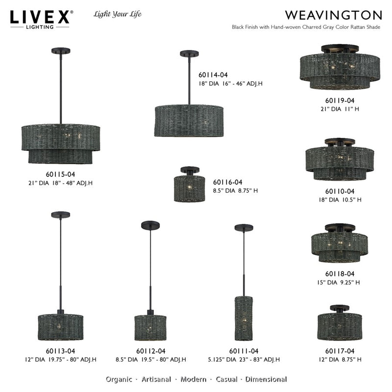 Livex Weavington 1Lt Pendant, Black/Hand-Woven Charred Gray