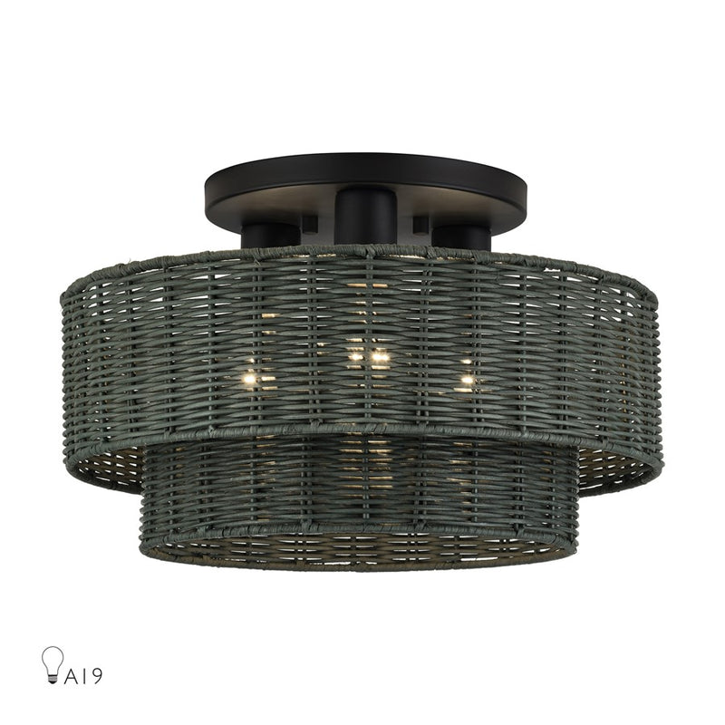 Livex Weavington 3Lt 15" Dia Semi-Flush, Black/Charred Gray - 60118-04
