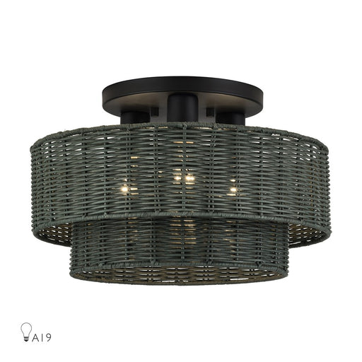 Livex Weavington 3Lt 15" Dia Semi-Flush, Black/Charred Gray - 60118-04