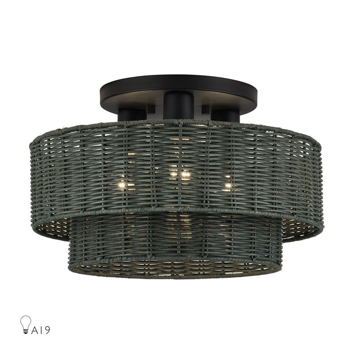 Livex Weavington 3Lt 15" Dia Semi-Flush, Black/Charred Gray - 60118-04
