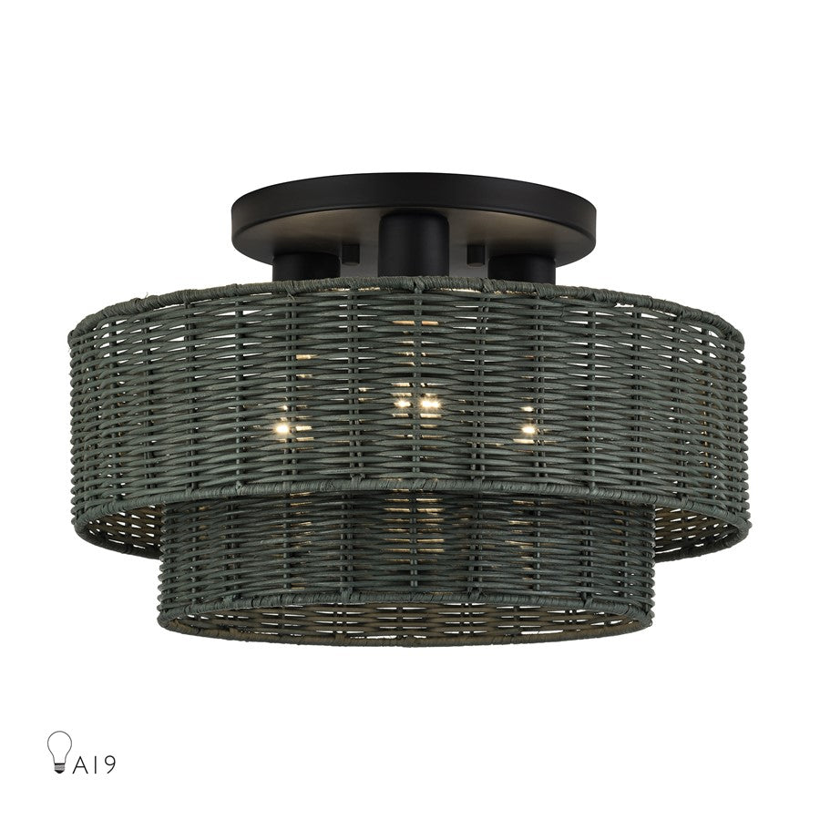 Livex Weavington 3Lt 15" Dia Semi-Flush, Black/Charred Gray - 60118-04
