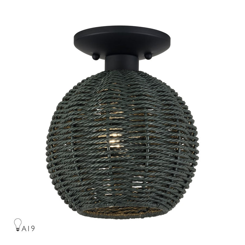 Livex Deluna 1Lt Small Semi-Flush, Black/Hand-Woven Black - 60156-04