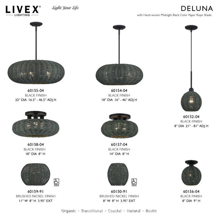 Livex Deluna 1Lt Small Semi-Flush, Black/Hand-Woven Black