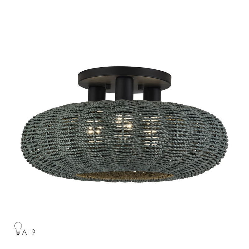 Livex Deluna 3Lt 18" Dia Semi-Flush, Black/Hand-Woven Black - 60158-04