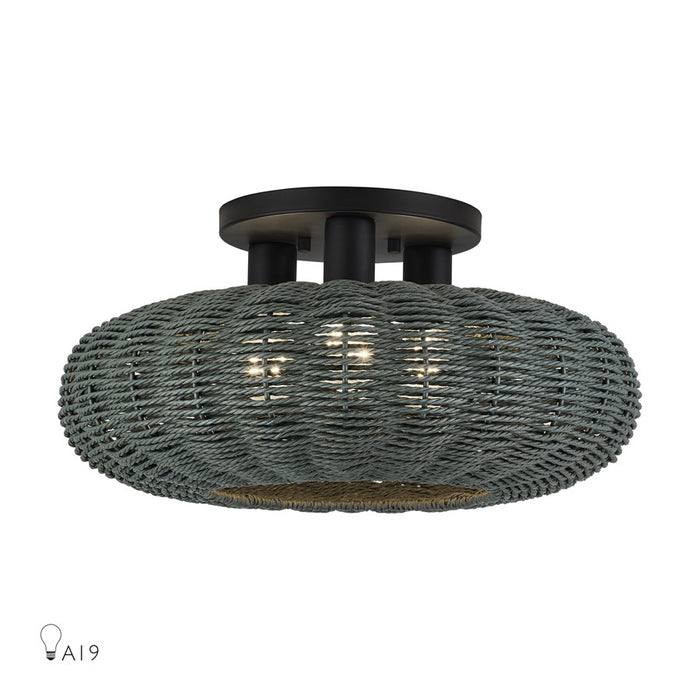 Livex Deluna 3Lt 18" Dia Semi-Flush, Black/Hand-Woven Black - 60158-04