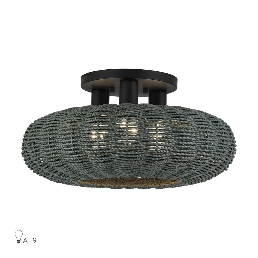 Livex Deluna 3Lt 18" Dia Semi-Flush, Black/Hand-Woven Black - 60158-04