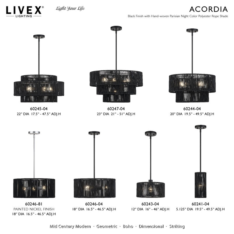 Livex Acordia 1Lt Pendant, Black/Parisian Night Color Polyester Rope