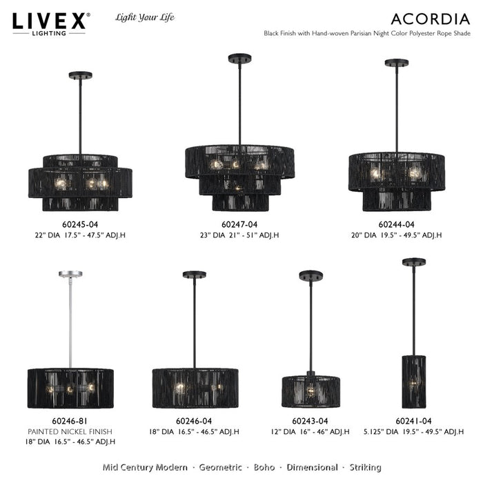 Livex Acordia 1Lt Pendant, Black/Parisian Night Color Polyester Rope