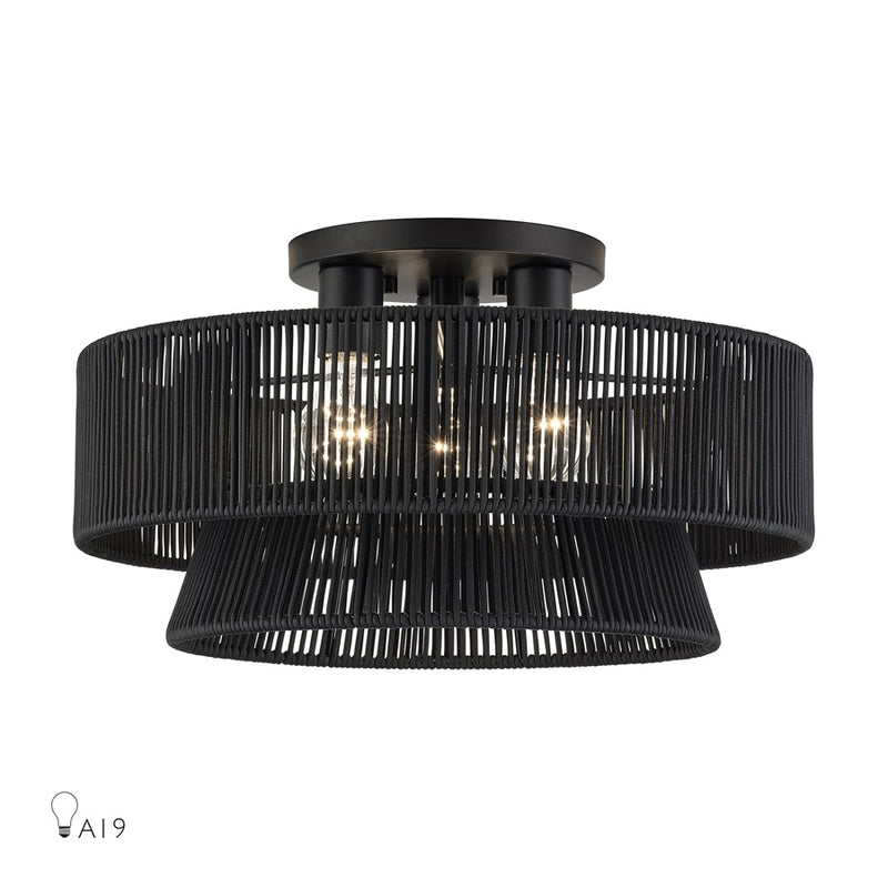 Livex Florell 3Lt 18" Dia Semi-Flush, Black/Parisian Polyester - 60256-04