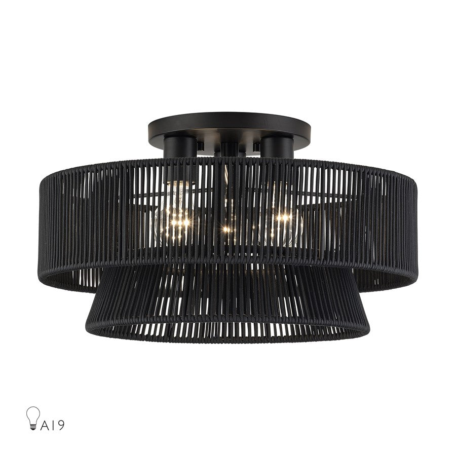 Livex Florell 3Lt 18" Dia Semi-Flush, Black/Parisian Polyester - 60256-04