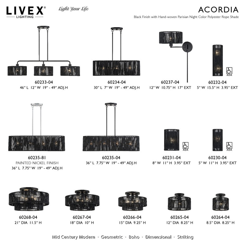 Livex Acordia 1Lt 8.5" Dia Semi-Flush, Black/Parisian Polyester
