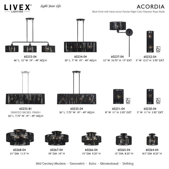 Livex Acordia 1Lt 12" Dia Semi-Flush, Black/Parisian Polyester