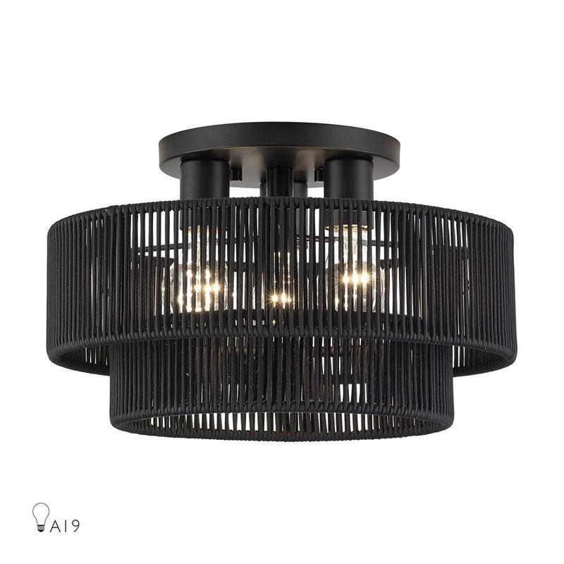 Livex Acordia 3Lt 15" Dia Semi-Flush, Black/Parisian Polyester - 60266-04