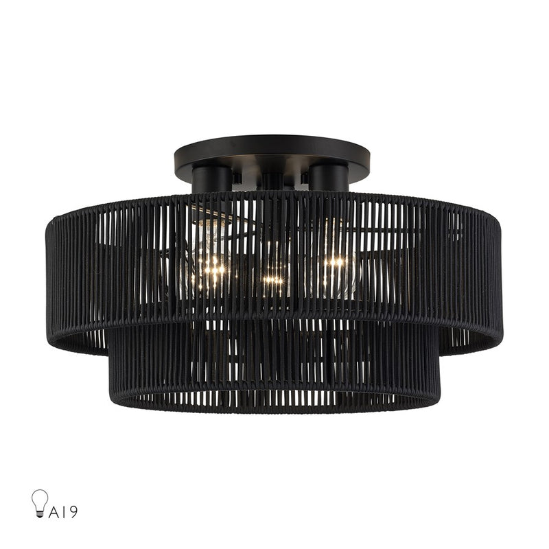 Livex Acordia 3Lt 18" Dia Semi-Flush, Black/Parisian Polyester - 60267-04