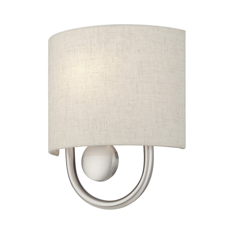 Livex Stratton 1Lt ADA Sconce, Nickel/Oatmeal Fabric/White Fabric