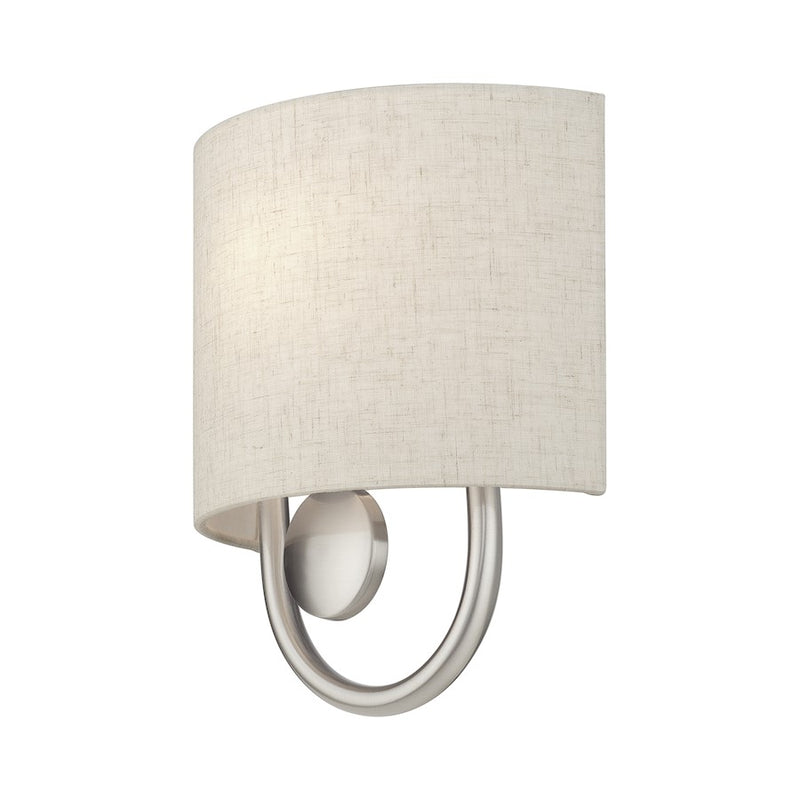Livex Stratton 1Lt ADA Sconce, Nickel/Oatmeal Fabric/White Fabric