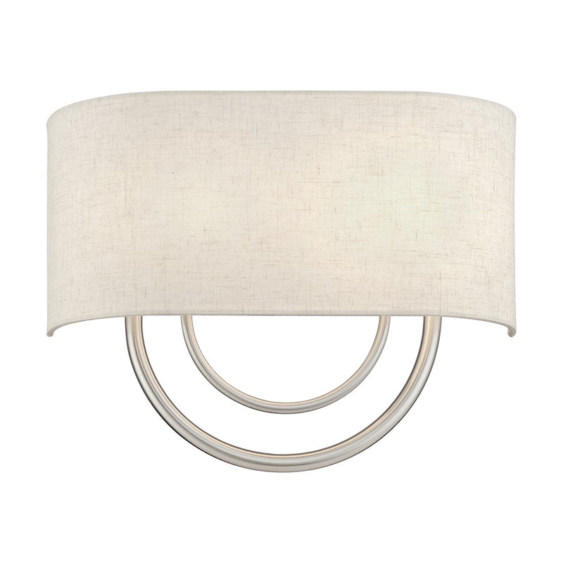 Livex Stratton 2Lt 15" ADA Sconce, Nickel/Oatmeal Fabric/White Fabric